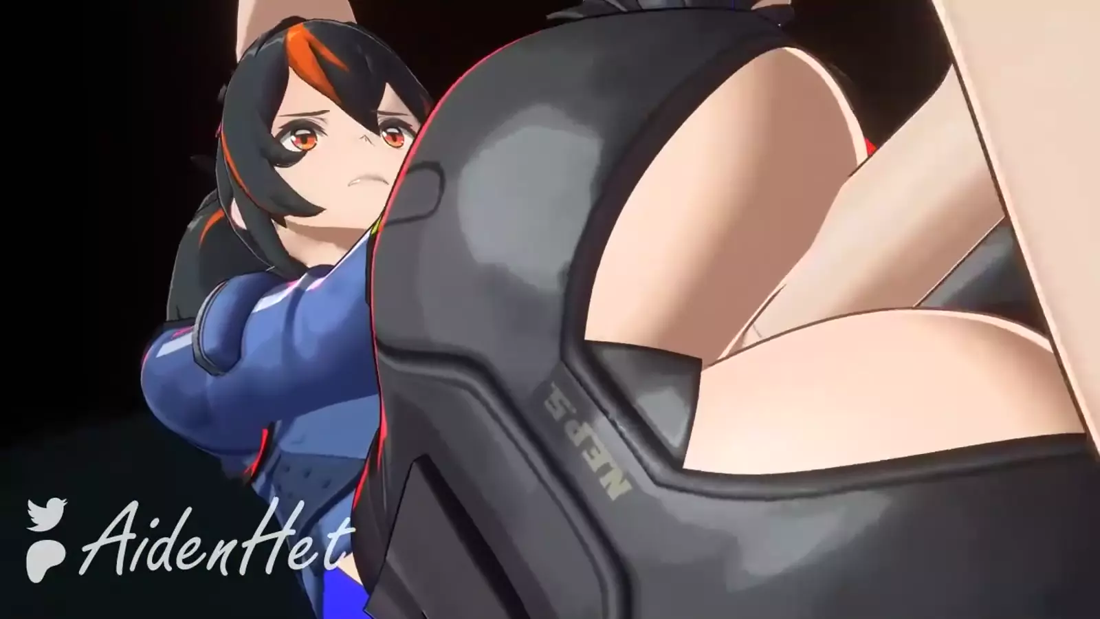 Hentai character with a prominent thigh riftslo and seductive expression